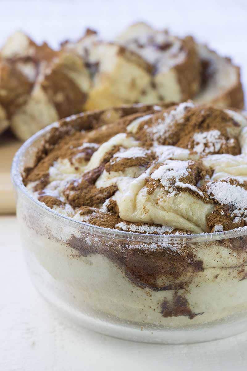 Cinnamon swirl protein cake in a glass pan