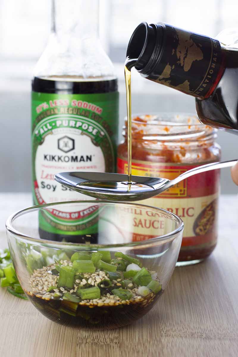 Sesame oil, chili paste, soy sauce, green onion, and sesame seeds being mixed in a bowl