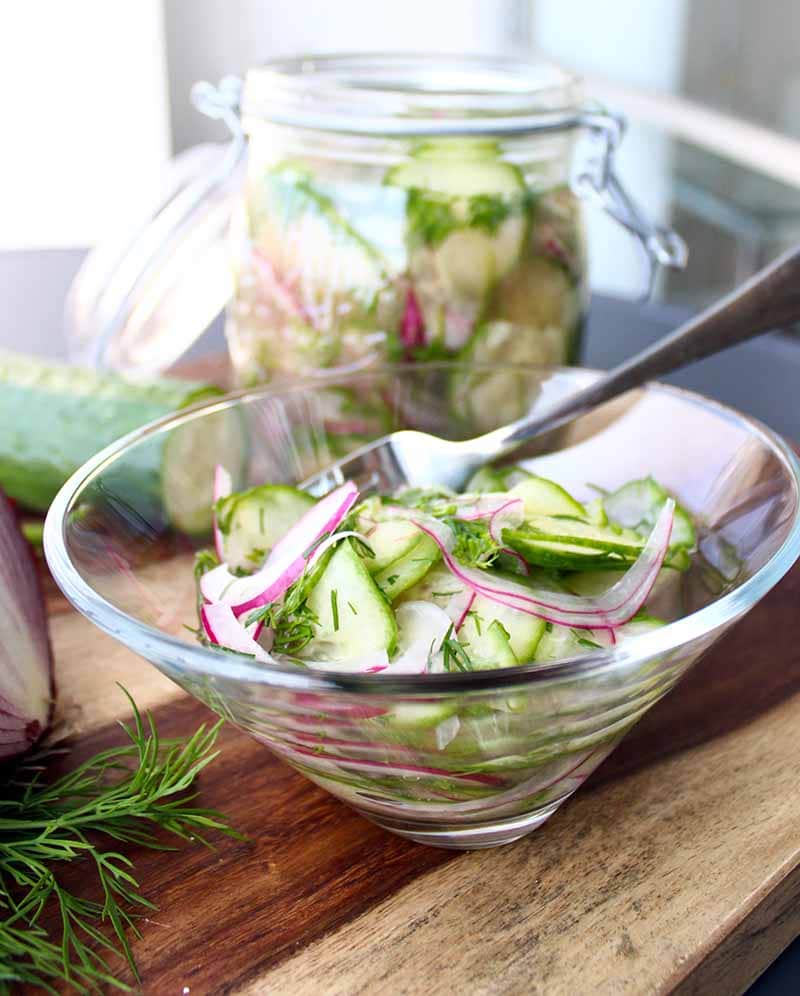 Pickled Cucumber Salad in a glass bowl