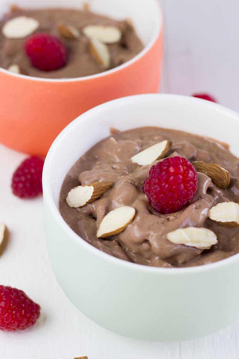Chocolate Greek Yogurt Ice Cream in two bowls, topped with slivered almonds and whole raspberries.