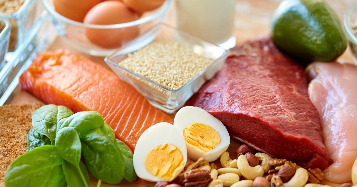 A variety of high-protein foods on a table