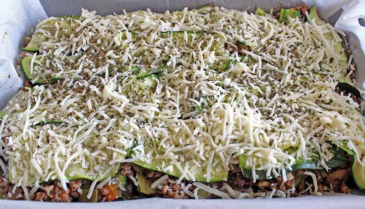 Fully assembled zucchini lasagna ready to go in oven