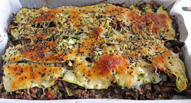 Close-up of the finished low-carb zucchini lasagna