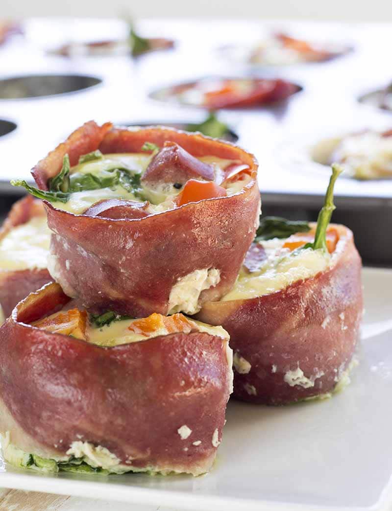 Three Healthy Egg Muffins With Lean Turkey Bacon on a plate