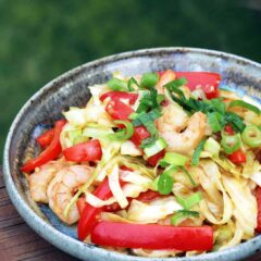 Shrimp & Cabbage Stir-fry in a bowl garnished with scallions