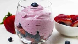 High-Protein Raspberry & Banana Mousse is the perfect high protein snack, and has a thick silky consistency (like thick whipped cream) without any of the unhealthy ingredients you usually find in anything as good as this.