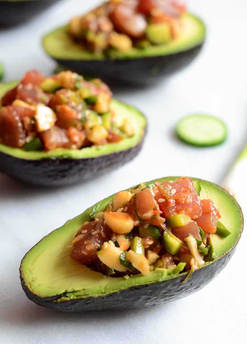 Ahi Poke Salad with Macadamia Nuts served in three avocado halves