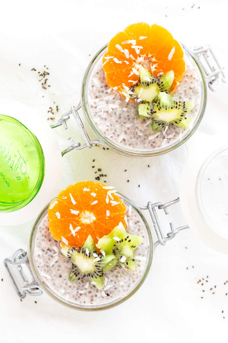 Mason jar with chia seed pudding and fruit seen from above