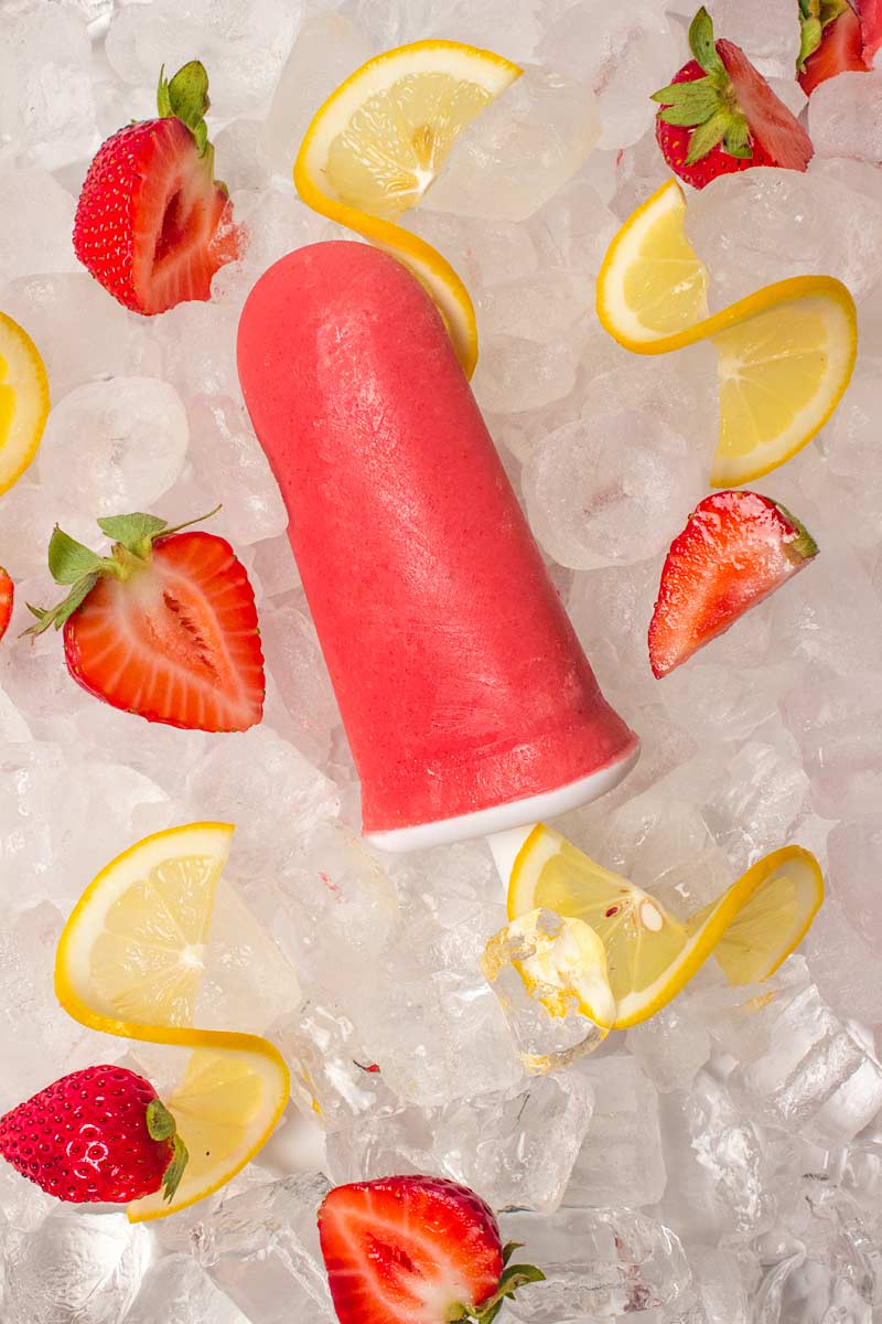 close-up of a Strawberry Lemonade Popsicle on ice