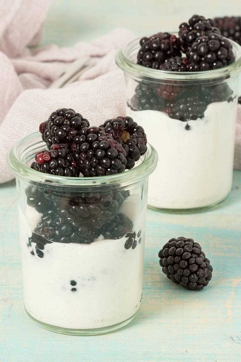 Cottage Cheese Parfait served in two glass containers and topped with fresh blackberries