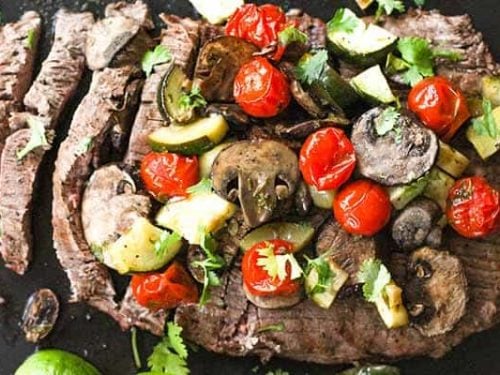 Marinated Flank Steak With Veggies (high protein, low carb, sugar free, gluten free, diabetes friendly, Paleo)