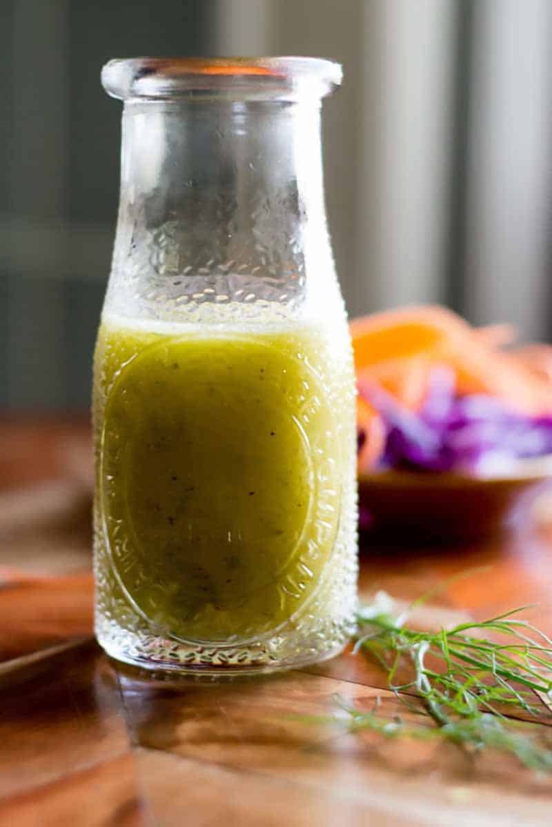 Garlic citrus vinaigrette in a glass bottle