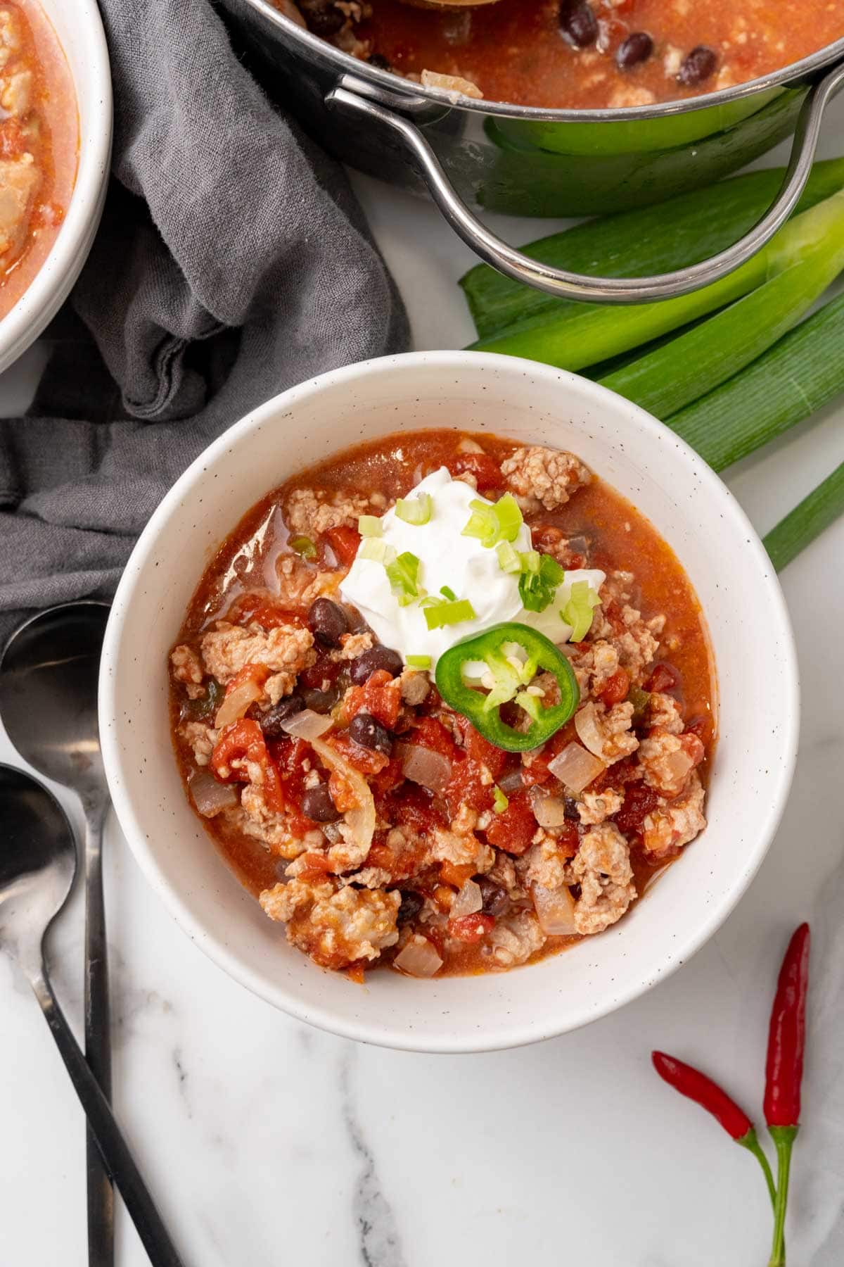 Bowl of turkey chili seen from above