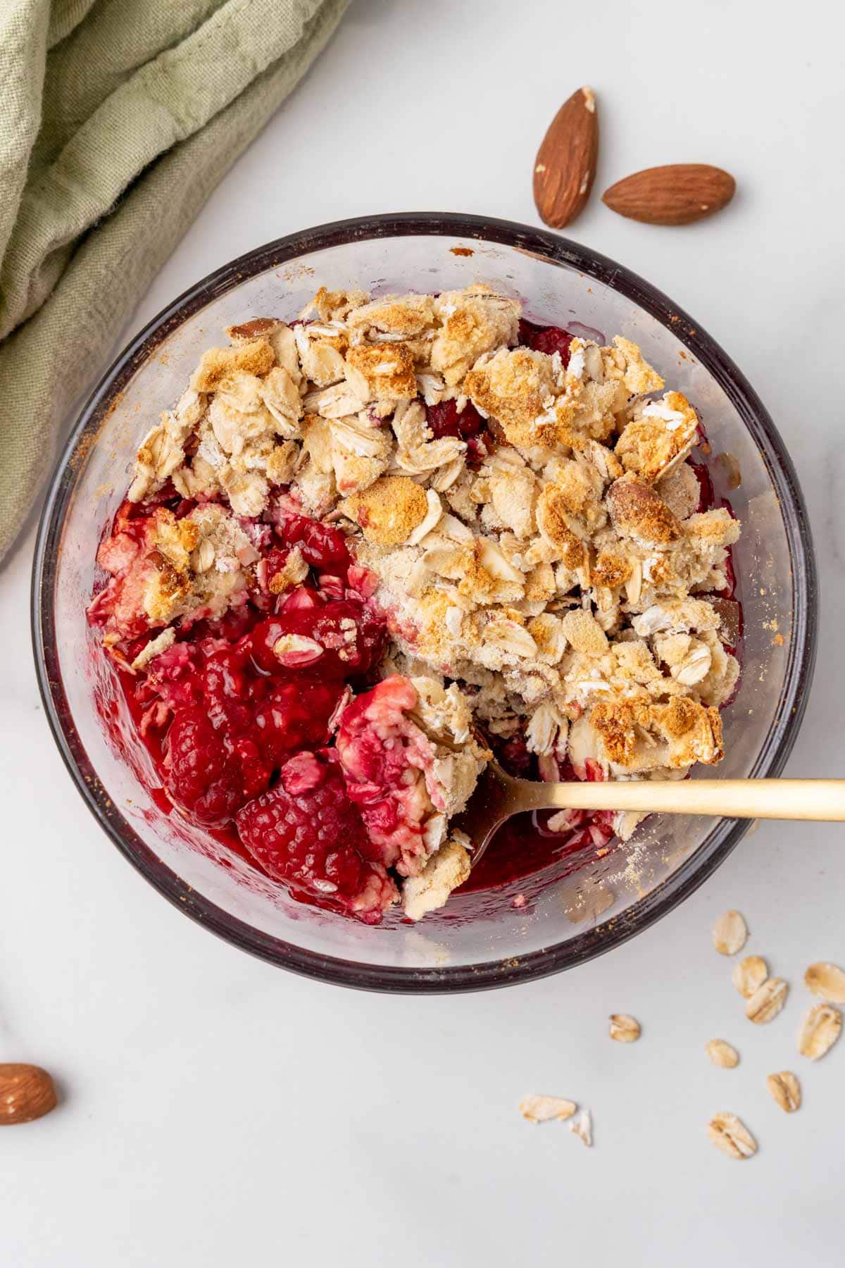 Crumble with spoon, seen from above