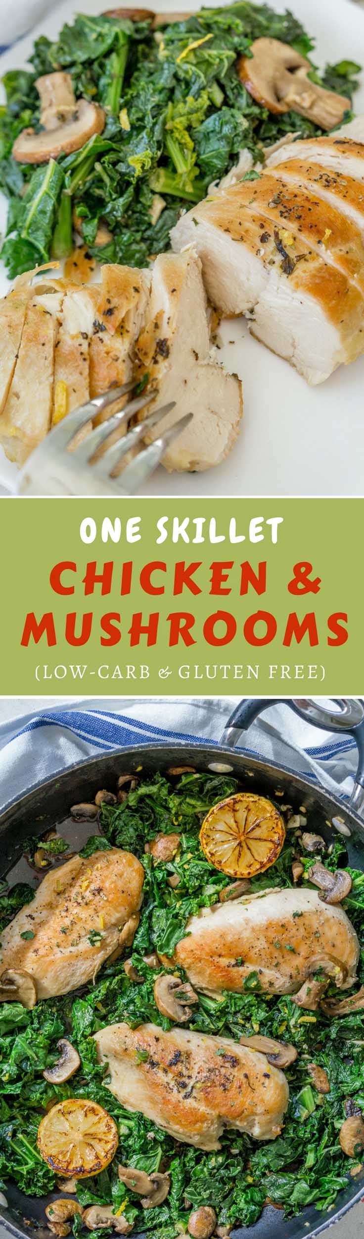 This one-pan Healthy Chicken and Mushroom Skillet with kale is ready in just 35 minutes with minimal cleanup. The lemony garlicky flavor of this dish will have you reaching for seconds! #chickenrecipe #chickenskillet #lowcarbrecipe #kale #onepan #oneskillet #chickendinner #mushroomchicken