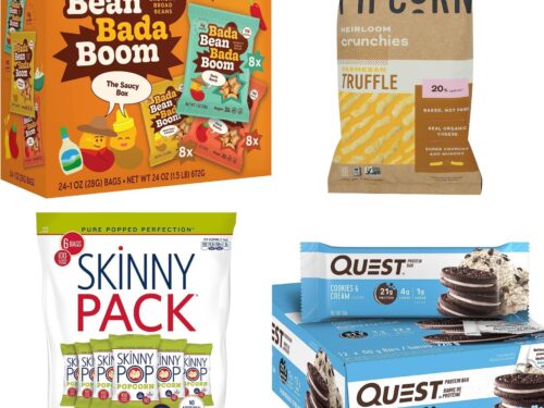 Collage of low-carb packaged snacks