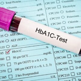 Vial of blood with words "HbA1c Test" resting on a medical chart