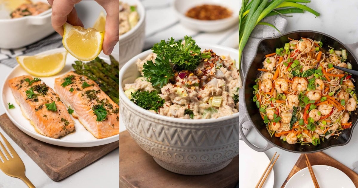 Collage of diabetes-friendly seafood recipes