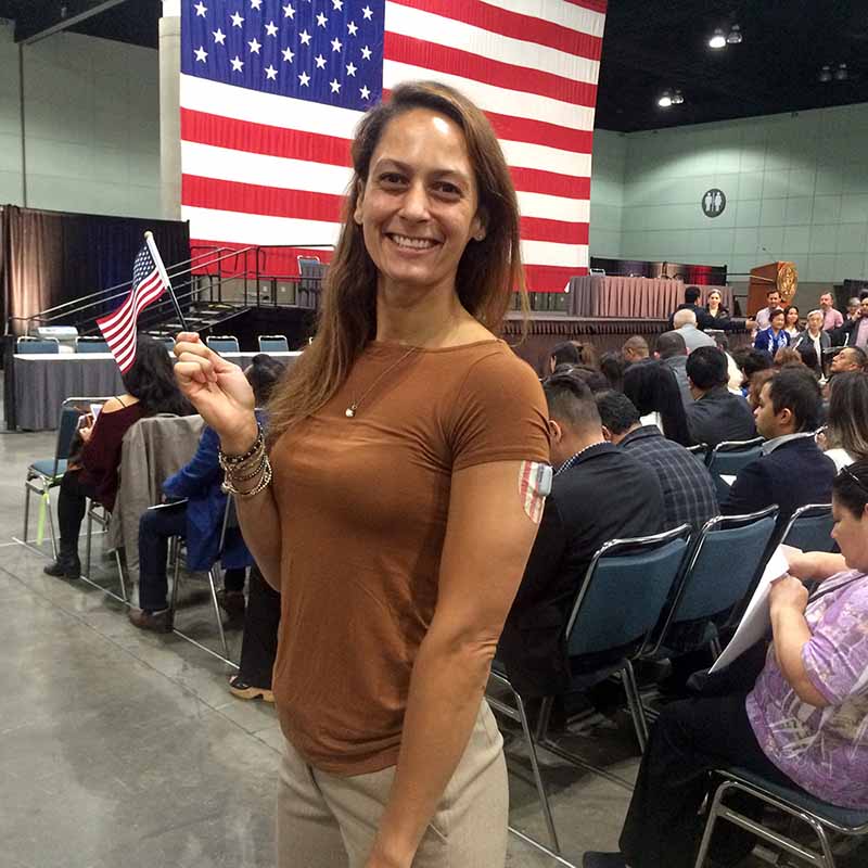 Christel wearing a stars and stripes Pump Peelz patch on her arm