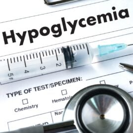 Word "hypoglycemia" on a diagnosis sheet with a pen and syringe