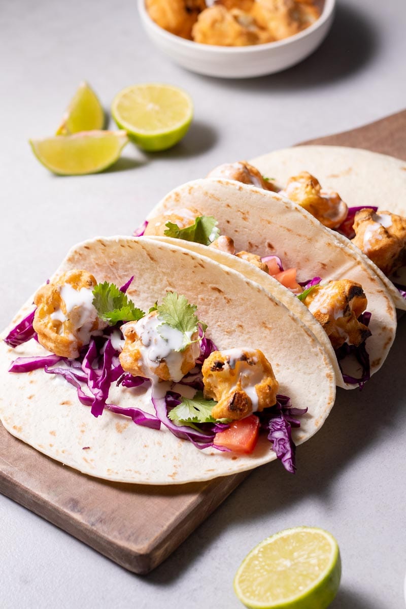 Assembled tacos with low carb buffalo cauliflower filling