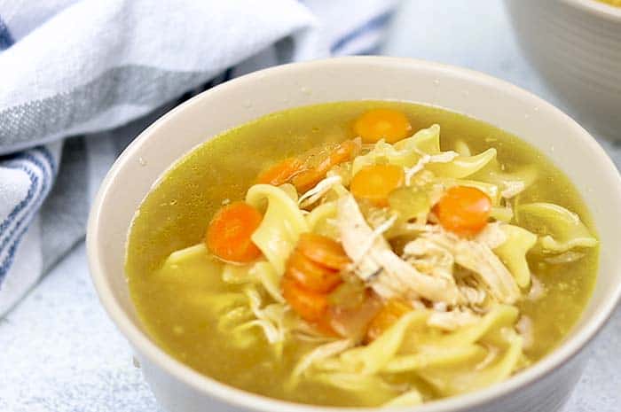 Chicken Noodle Soup in a white bowl