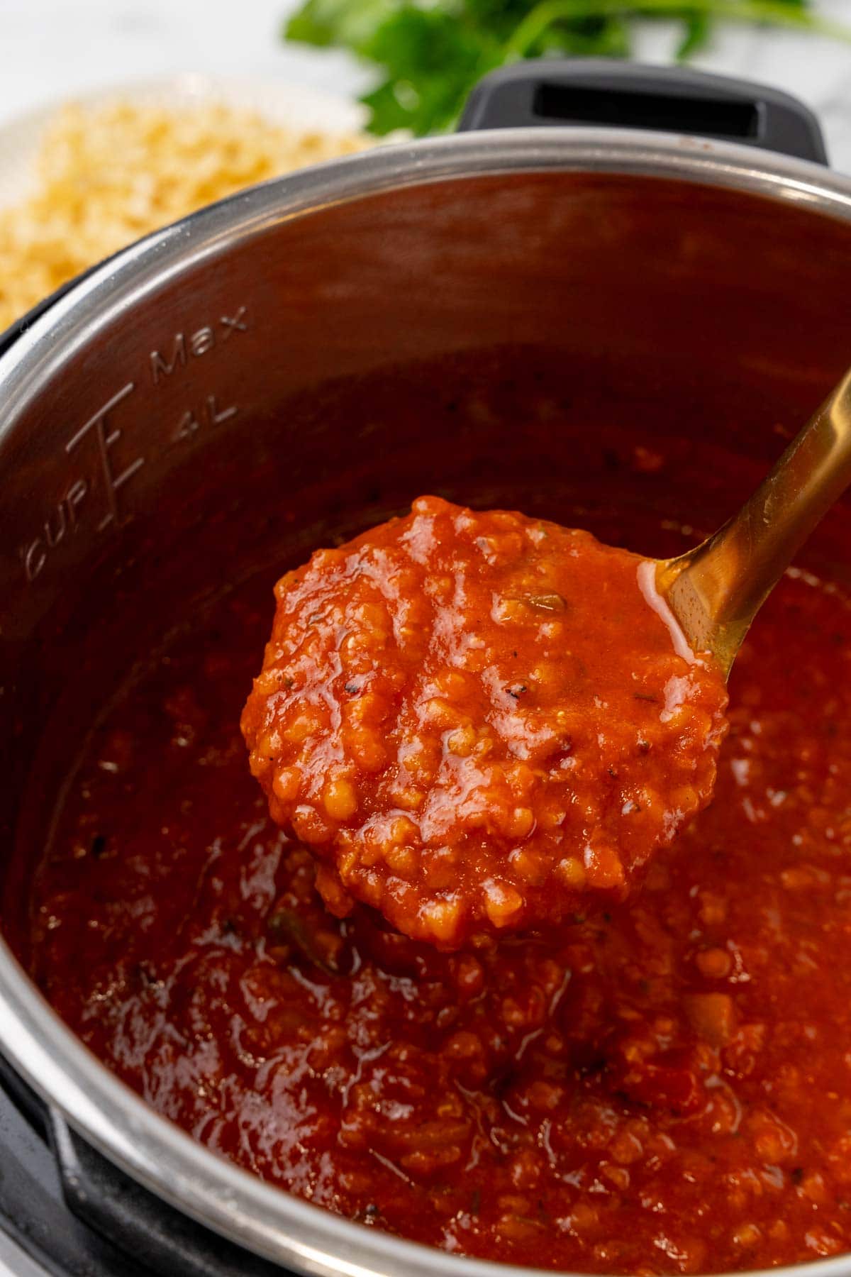 Spoonful of red lentil marinara sauce held over pot of sauce