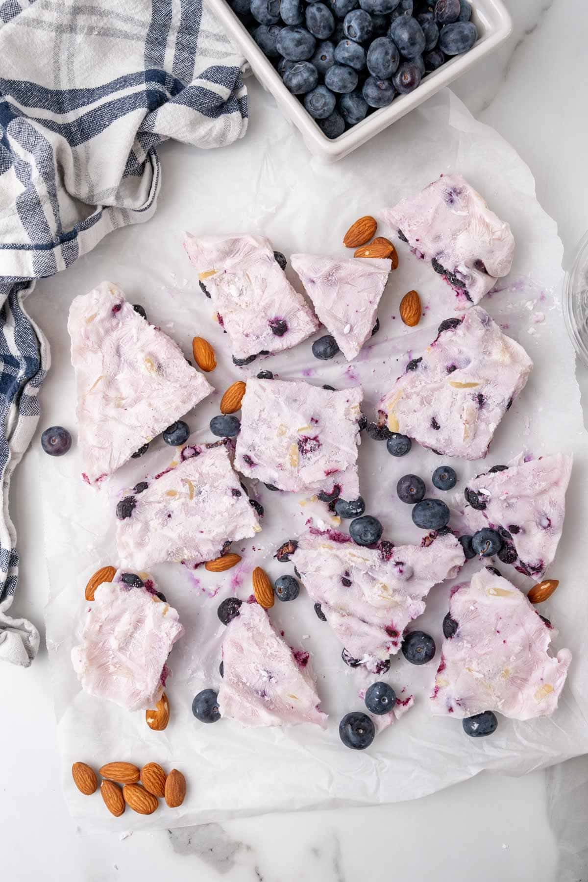 Pieces of frozen yogurt bark seen from above