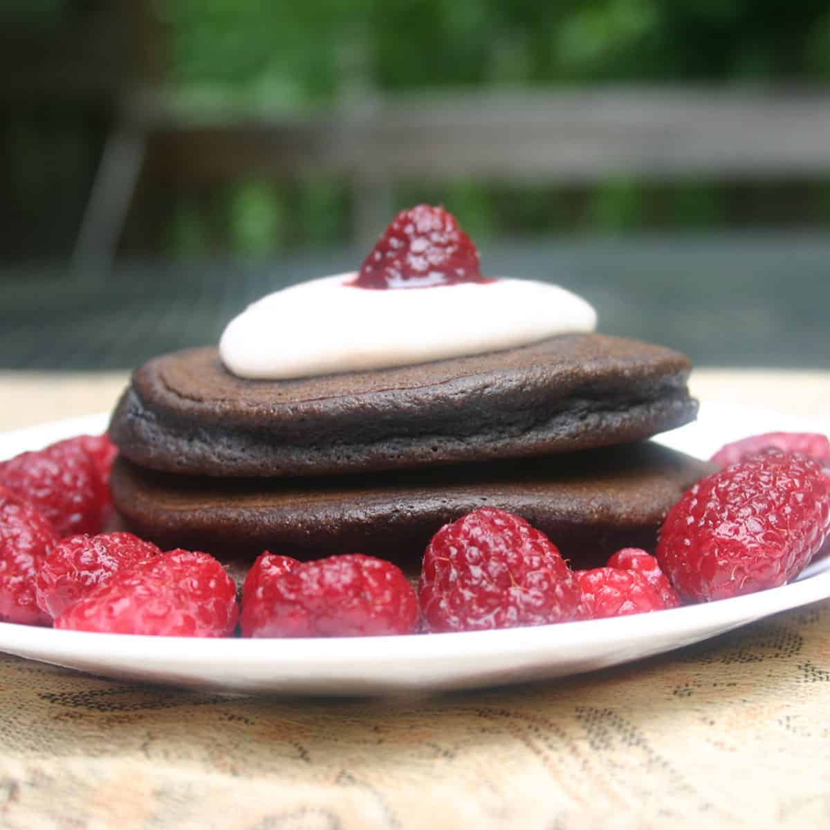 Stack of Brownie Pancakes with berries and whipped cream