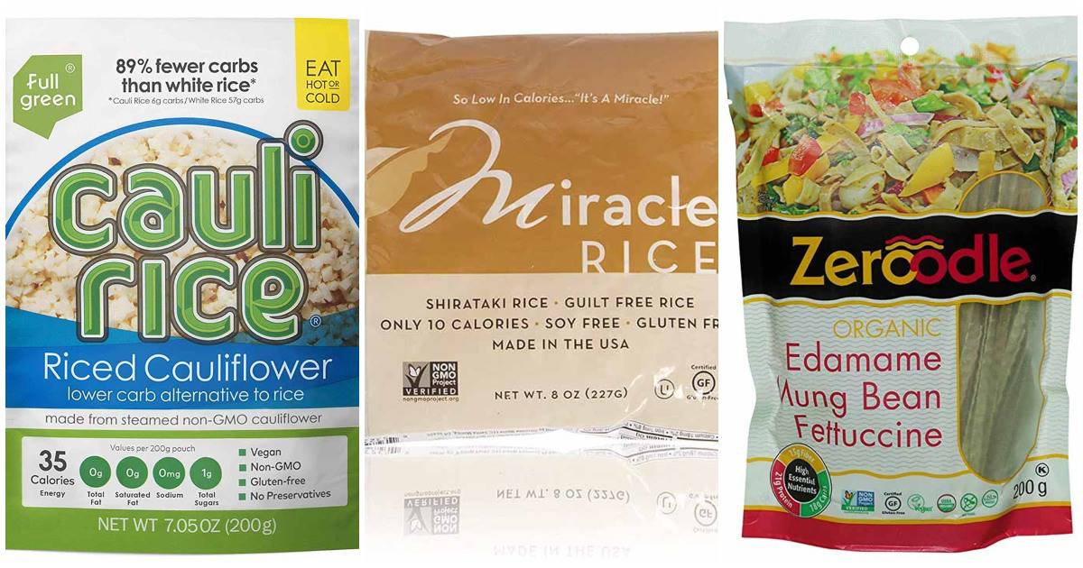 Collage of packaging for low-carb rice alternatives