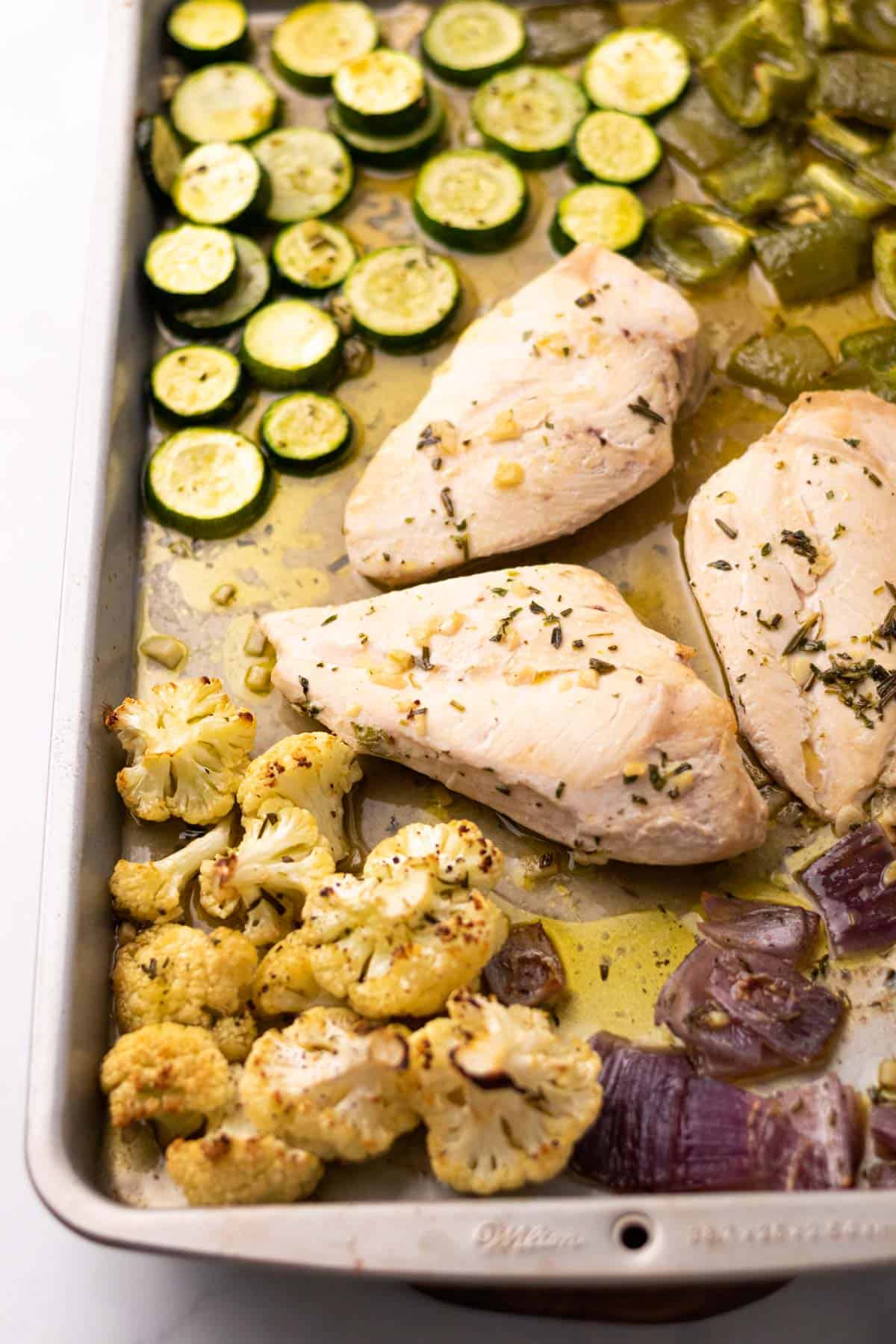 Chicken and veggies on sheet pan 