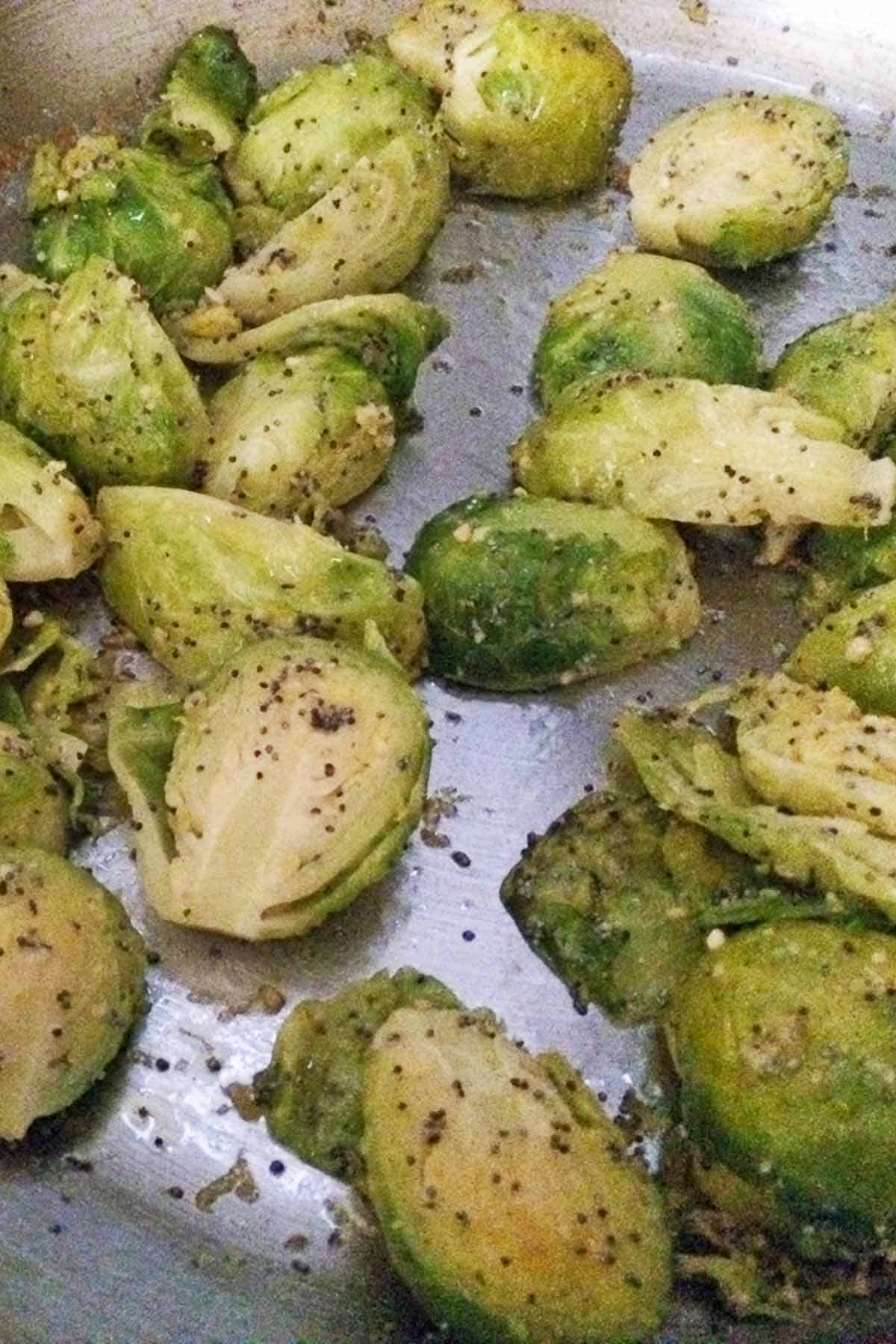 Brussels Sprouts with Poppy Seeds and Lemon in a pan
