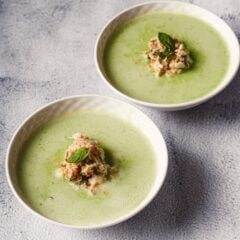 Cold pea soup with crab and mint