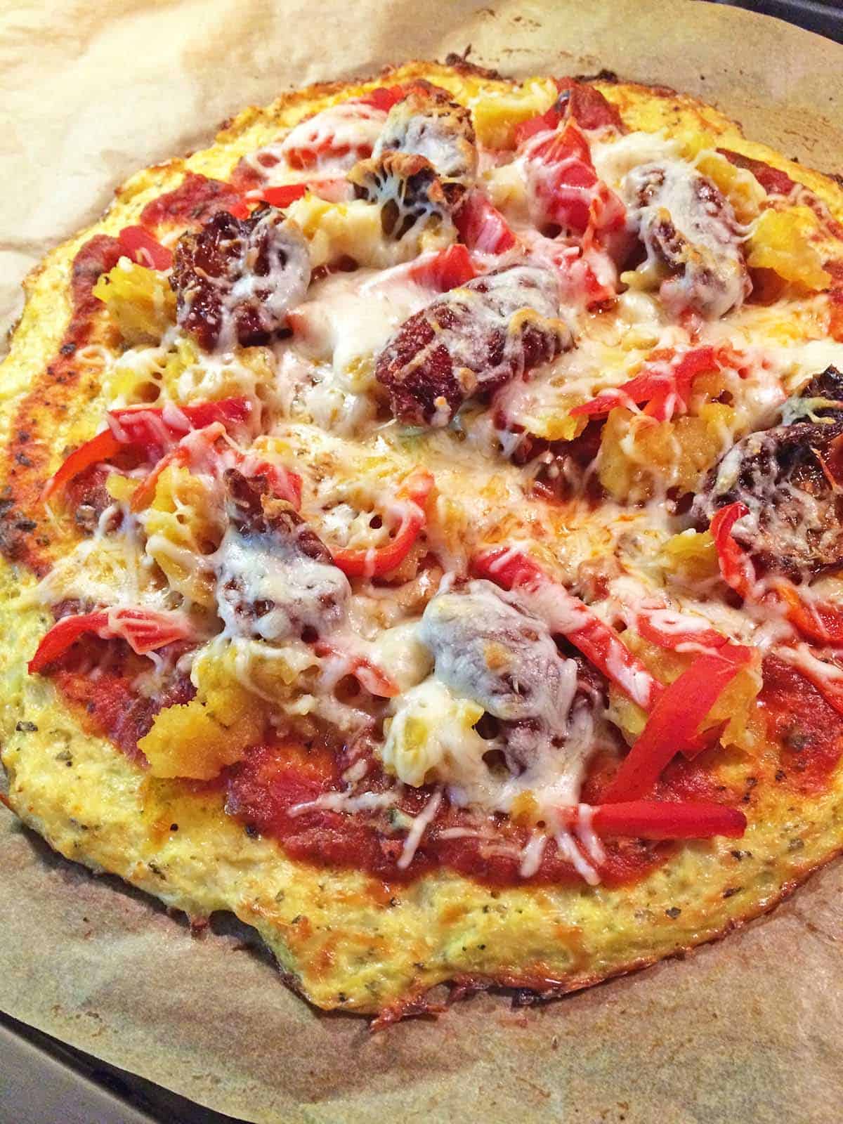 Cauliflower pizza crust with toppings