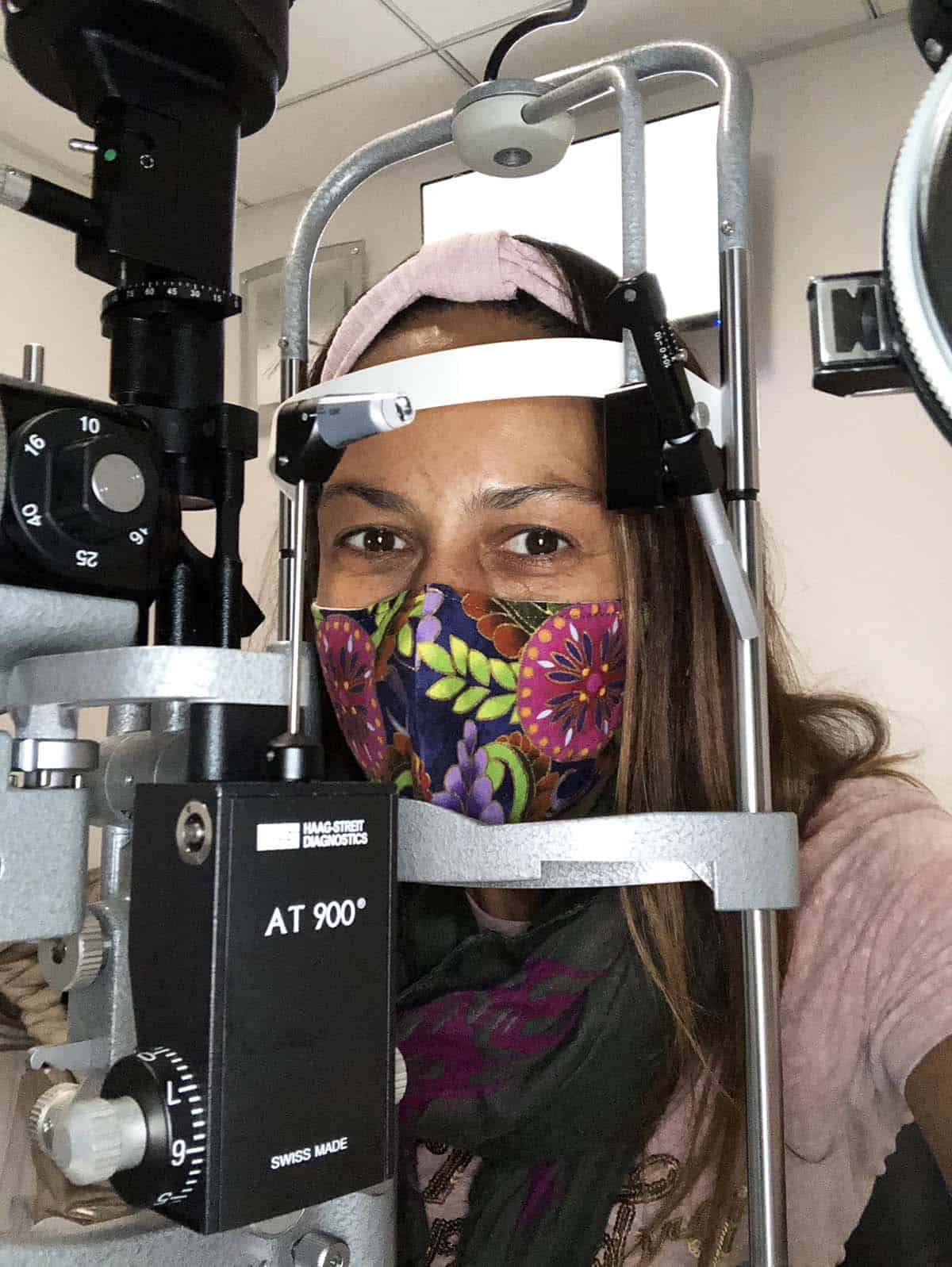 Christel with her head in the Slit Lamp