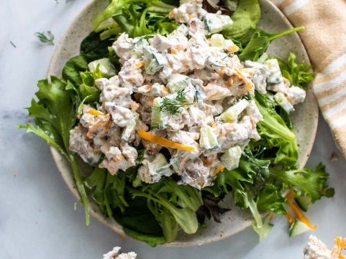Keto chicken salad over fresh greens on a rustic plate, as seen from above