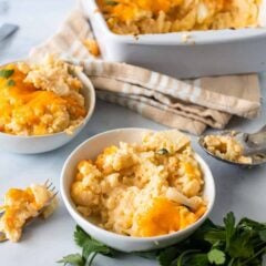 Two bowls of Keto mac and cheese with cauliflower