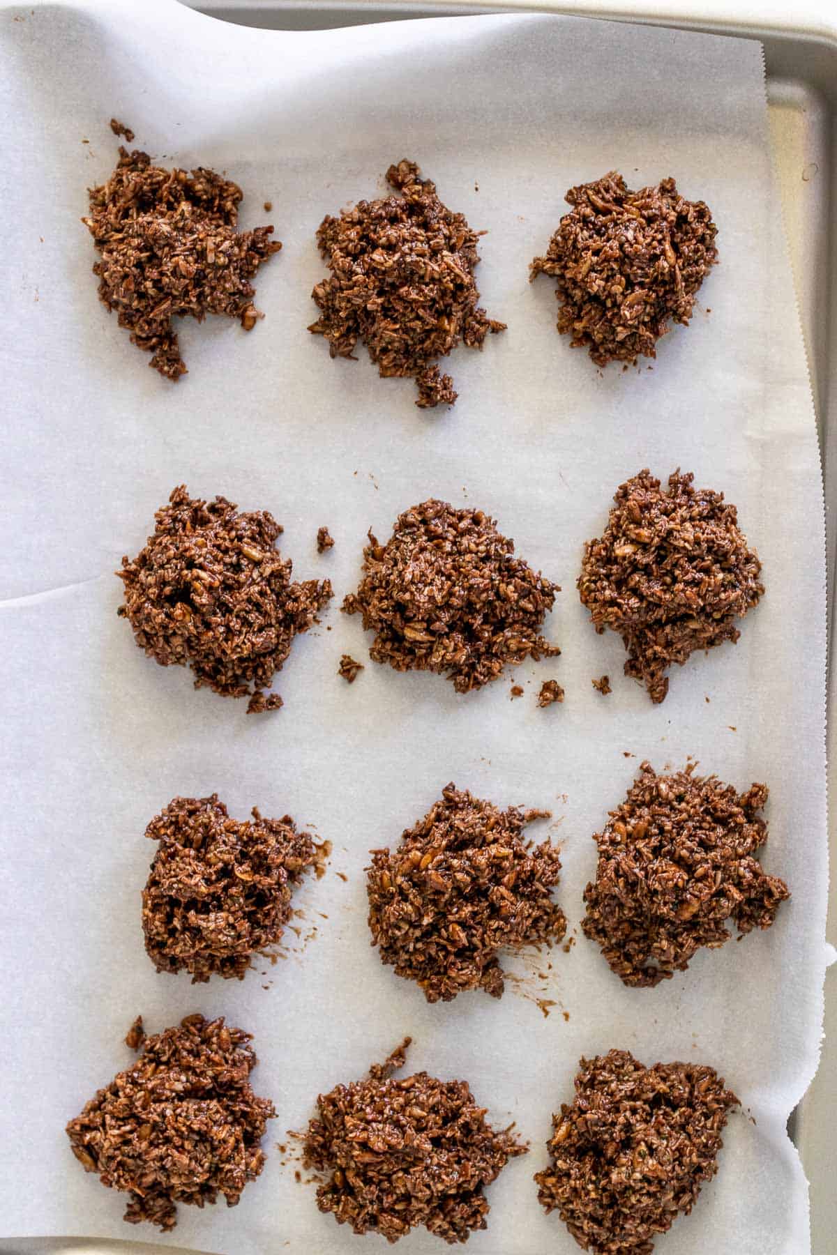 Mixture formed into 12 cookies on a baking tray lined with parchment paper, as seen from above