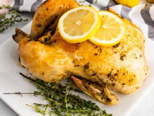 Dutch oven chicken on a white plate next to thyme sprigs and garnished with two lemon slices