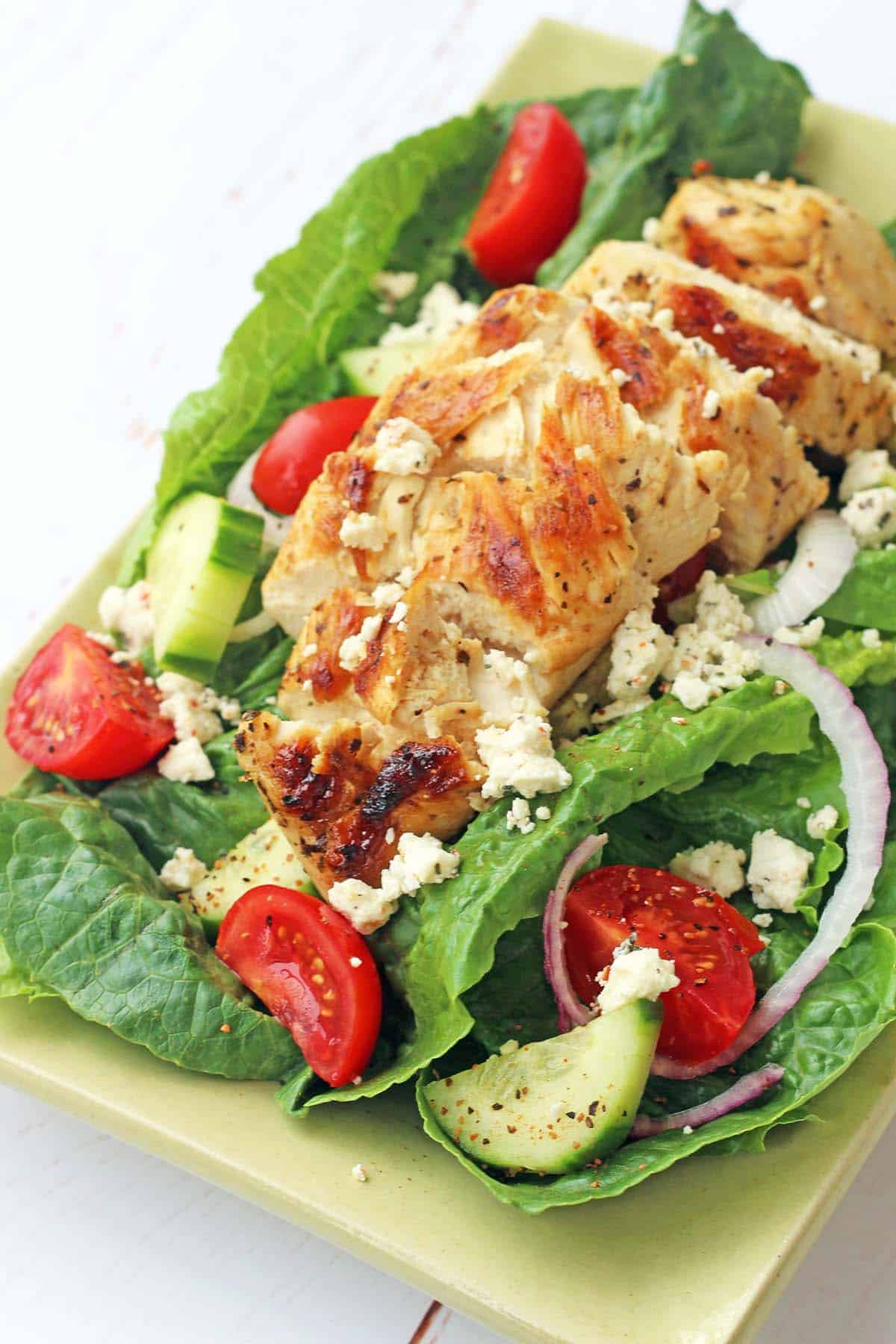 Greek Salad with Chicken on a platter