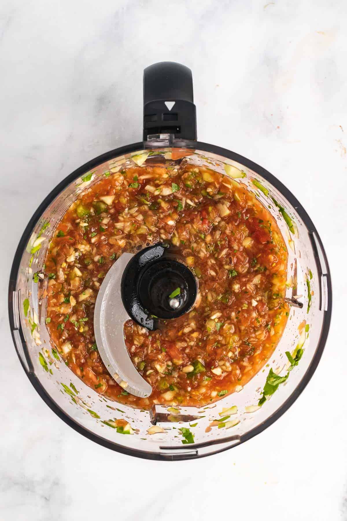 Gazpacho in food processor seen from above