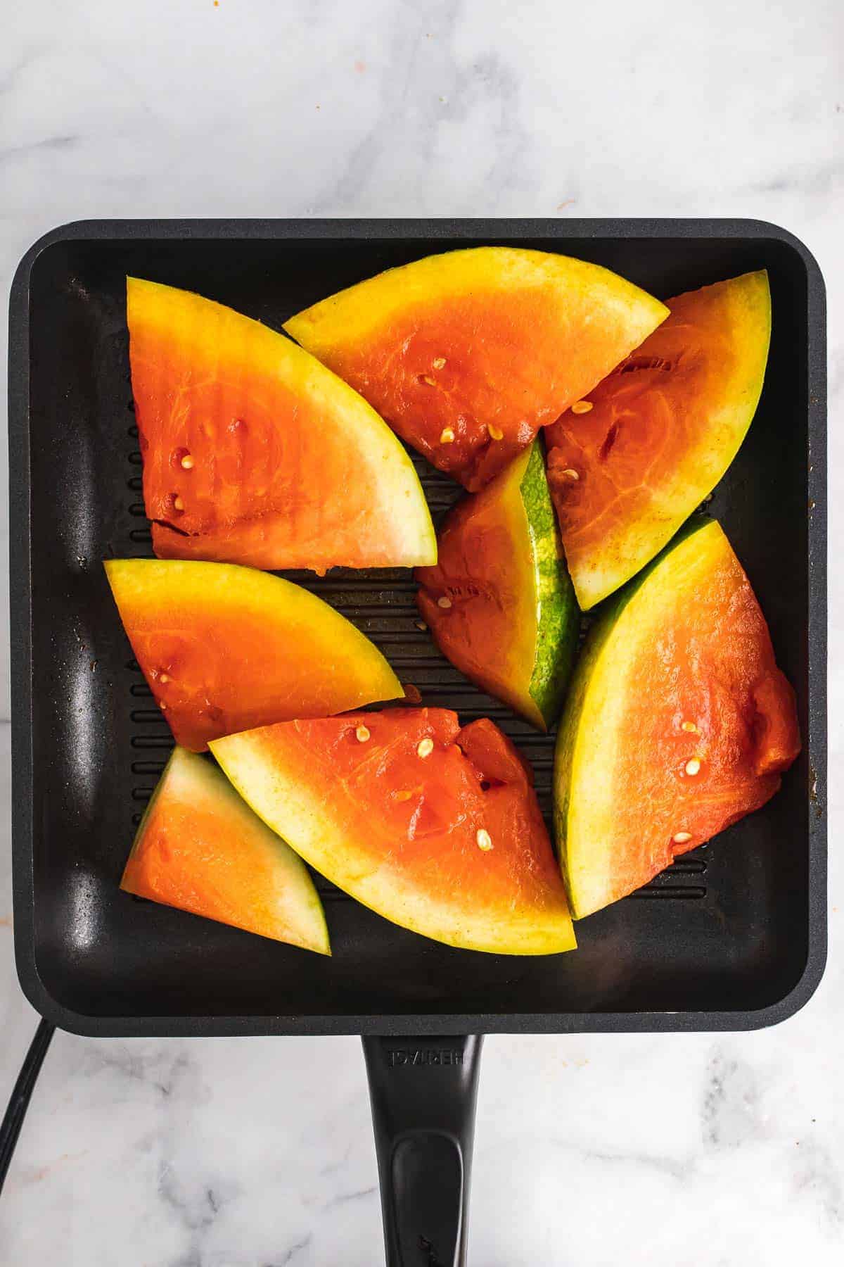 Watermelon slices on a grill pan
