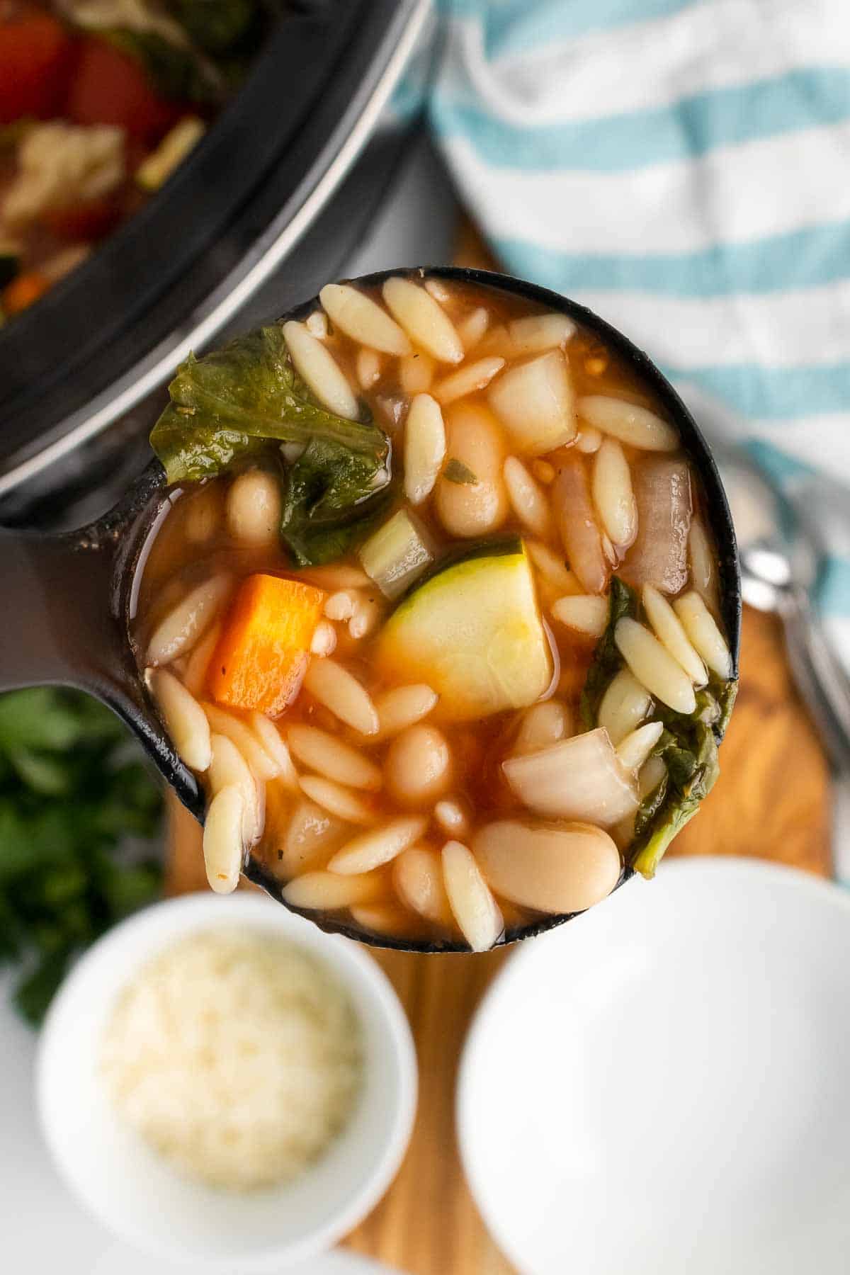 Close-up of a spoonful of minestrone