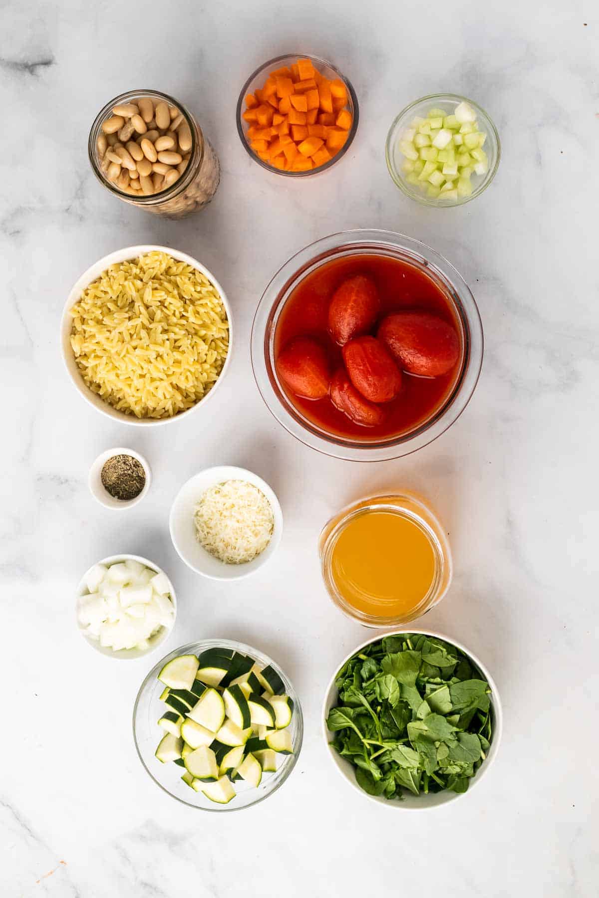 Ingredients for the recipe laid out on a marble surface
