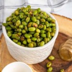 Roasted Edamame in a white bowl