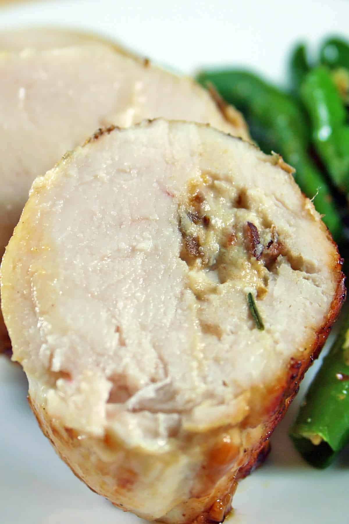 Closeup of a slice of chicken roulade