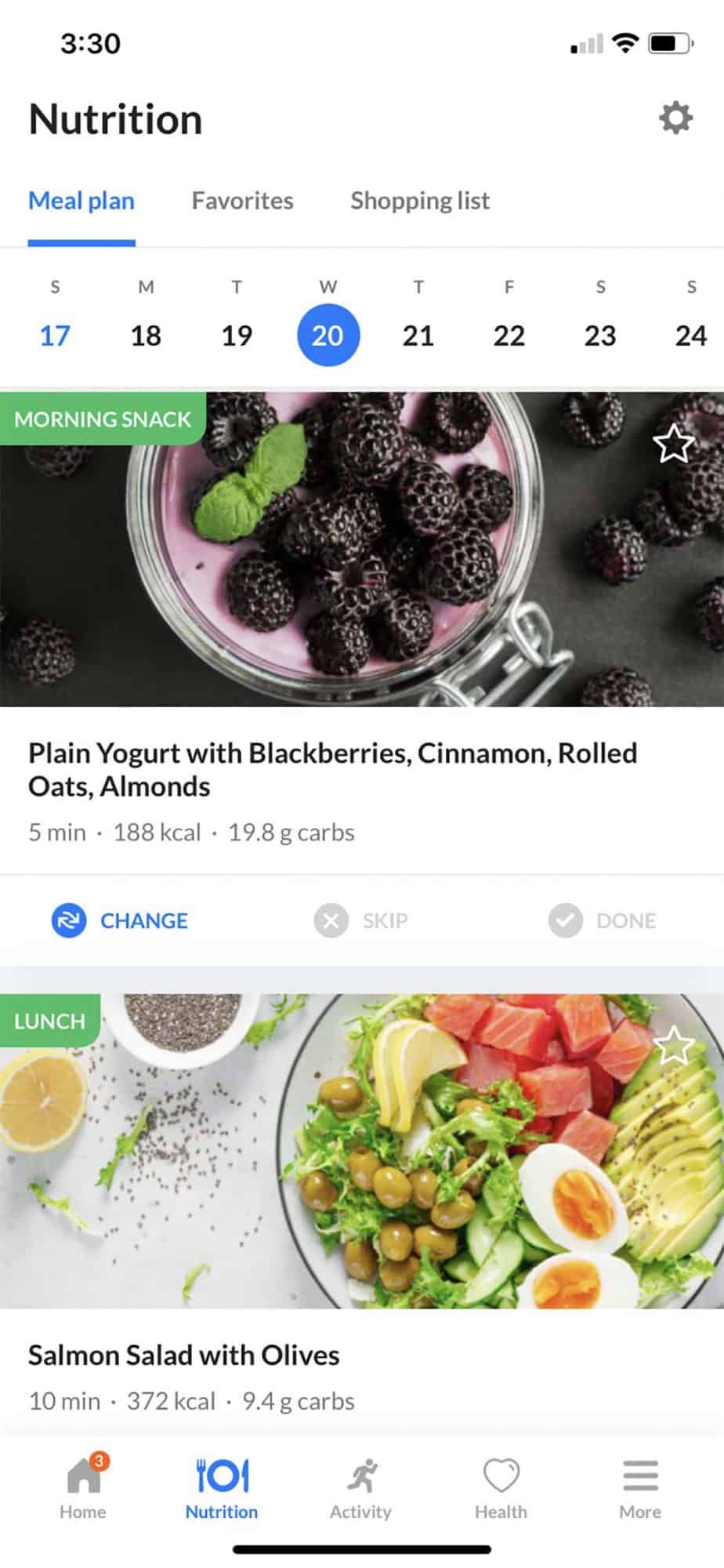 Screenshot of meal plan from the app