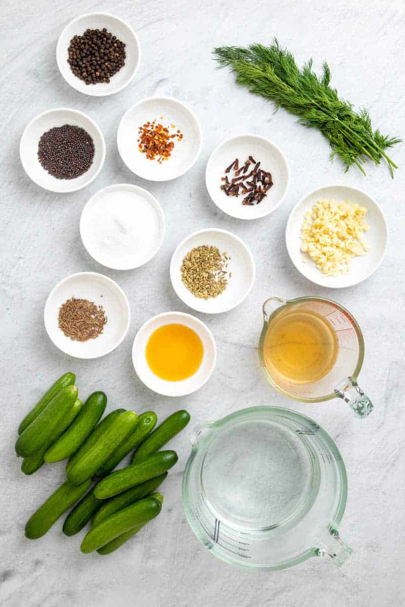 Ingredients for recipe in separate bowls and ramekins, as seen from above