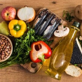 Foods from the Mediterranean diet spread on a table