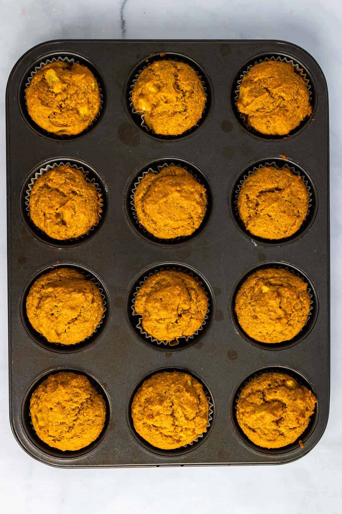 Muffins finished baking and still in the muffin tray, as seen from above